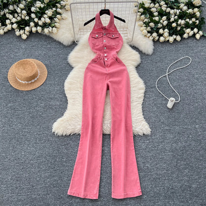 UNIKCOSA Women’s Summer Denim Jumpsuit – Halter Neck Sleeveless Backless High-Waist Wide-Leg One-Piece