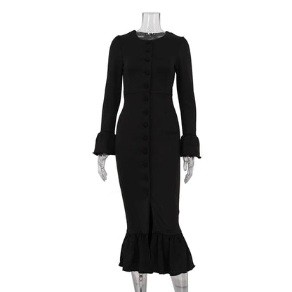 UNIKCOSA Women’s Knitted Ruffle Dress – Solid Color Button-Up Flared Sleeve Long Dress (Autumn 2025 Office Edition)