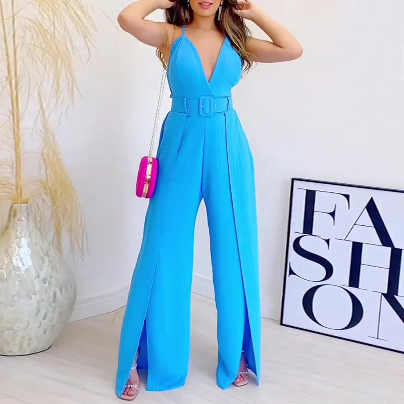 UNIKCOSA Elegant Wide-Leg Jumpsuit — Suspender V-Neck + High-Waist Slit Pants