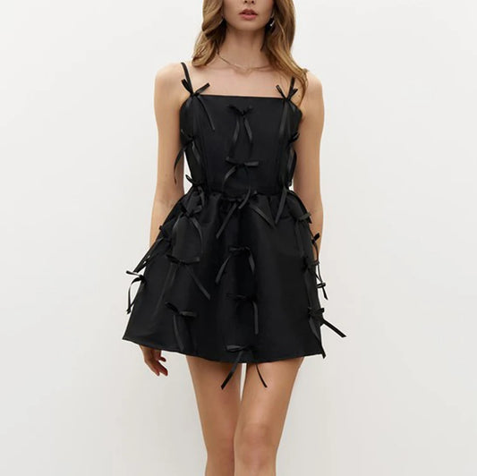 UNIKCOSA Women’s Black Satin Dress – Bow Strap Zip-Up Short Evening Party Outfit (Summer 2025 Edition)