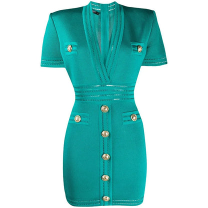UNIKCOSA Women’s Knitted Office Dress – Short Sleeve V-Neck Knee-Length Designer Dress (Elegant Workwear Edition)