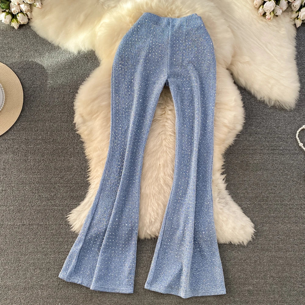 Summer Diamond Leopard Print High Waist Flare Pants for Women