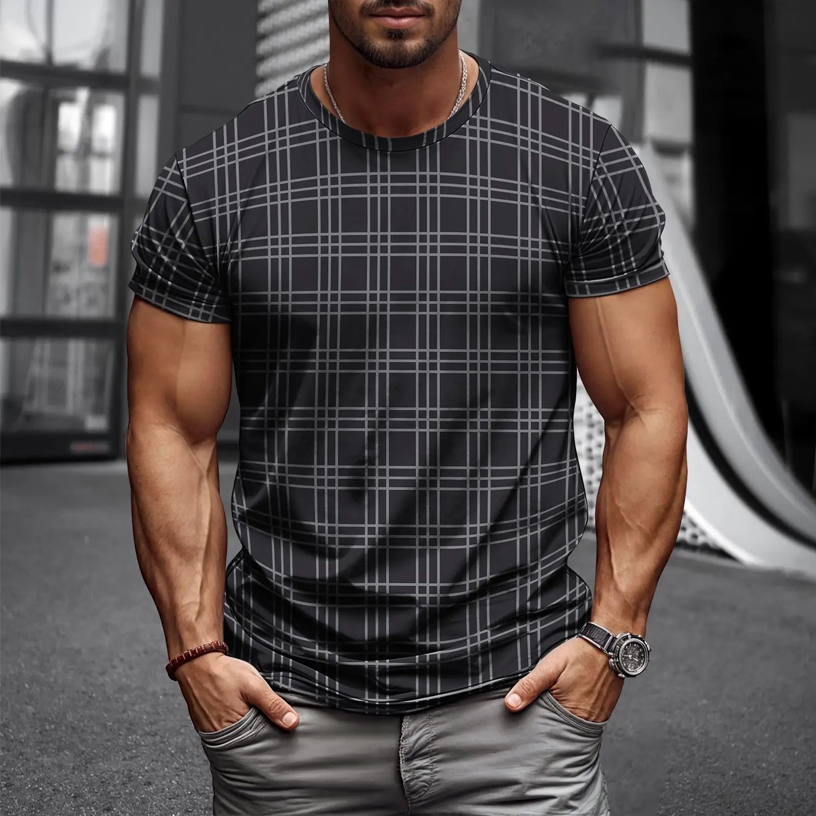 Men's Plaid Breathable Polyester T-Shirt with Custom 3D Logo