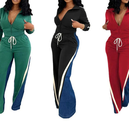 Women's Summer Denim Patchwork Shorts & Long Sleeve Top Set