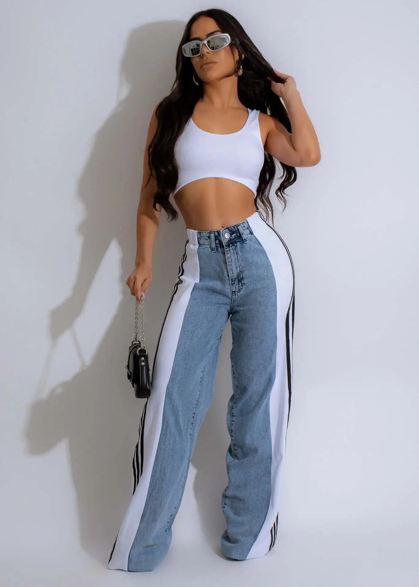 UNIKCOSA Women’s Palazzo Wide-Leg Jeans – High-Waist Retro Loose Fit Denim with Three Stripe Detail (Streetwear Edition)