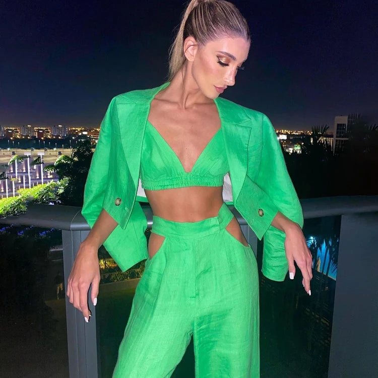 UNIKCOSA Women’s 3-Piece Streetwear Suit Set – Long Sleeve Blazer, Pants & Crop Top Outfit (Fall 2023 Edition)