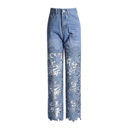 UNIKCOSA Women’s Hollow-Out Lace Denim Pants – High-Waist Stretch Straight Baggy Jeans (Designer Deconstruction Edition)
