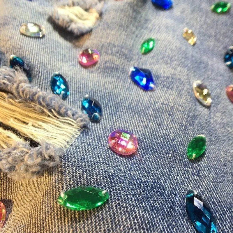 Heavy Industry Diamond-Studded Beaded Ripped Tassel High-Waisted Women’s Denim Shorts