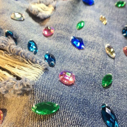 Heavy Industry Diamond-Studded Beaded Ripped Tassel High-Waisted Women’s Denim Shorts