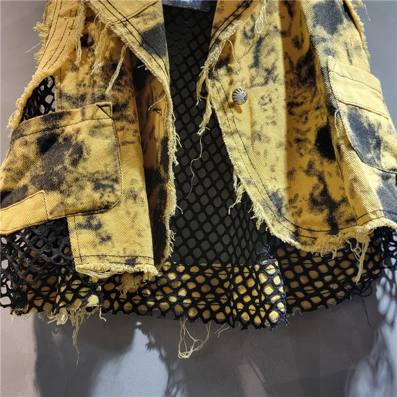 Women's Mesh Splicing Denim Vest with Waterproof Breathable Design