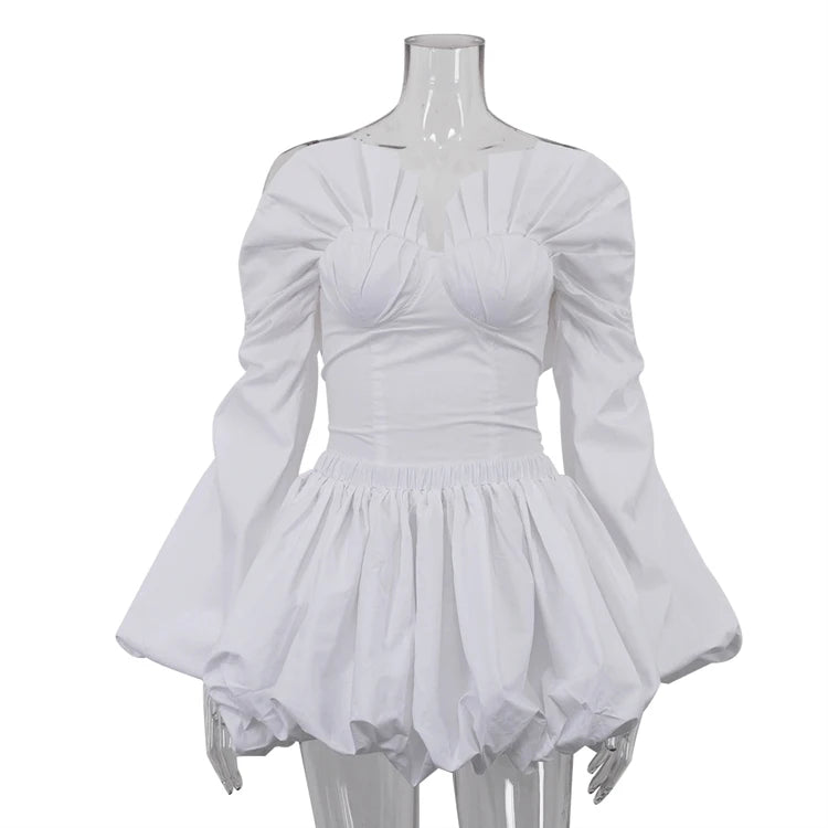 UNIKCOSA Women’s White Corset Skirt Set – Cotton Bandage Long Sleeve Top & Mini Skirt Outfit (Chic Fashion 2025 Edition)