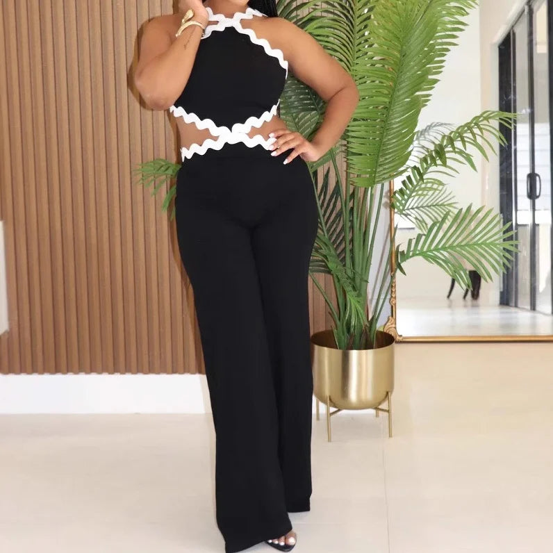 Wavy Striped Sleeveless Backless Wide-Leg Jumpsuit for Summer