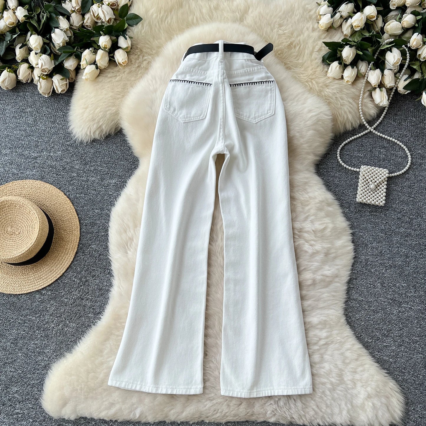 UNIKCOSA Women’s Summer Vintage Jeans – High-Waist Embroidered Long Denim Pants with Sash Belt (Outdoor Chic Edition)