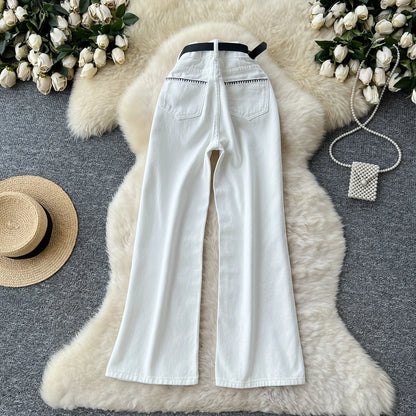 UNIKCOSA Women’s Summer Vintage Jeans – High-Waist Embroidered Long Denim Pants with Sash Belt (Outdoor Chic Edition)
