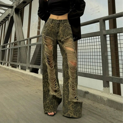 Ripped Leopard Print Maxi Loose Women Jeans Trendy Summer Denim