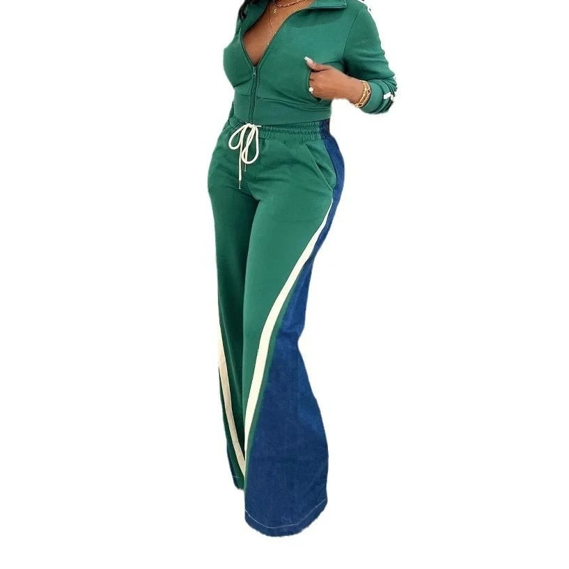 Women's Summer Denim Patchwork Shorts & Long Sleeve Top Set