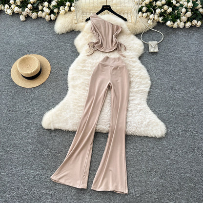 Summer Casual 2 Piece Set For Women One-shoulder Bandage Top And High Waist Set Jogging Suits Wholesale