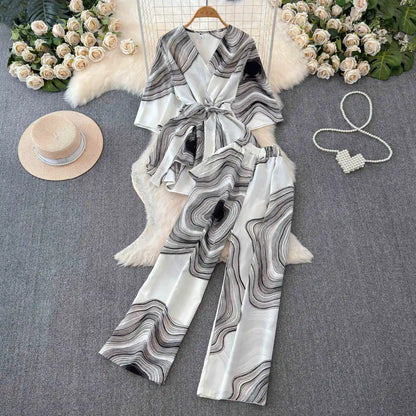 UNIKCOSA Women’s Summer Two-Piece Set – Short Sleeve Top & High-Waist Wide-Leg Pants (Chic Comfort Edition)