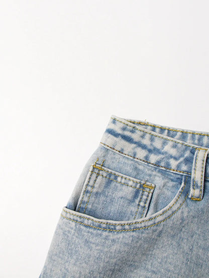 UNIKCOSA Women’s Vintage Washed Jeans – High-Waist Straight Denim with Hollow-Out Sun & Flower Print Design