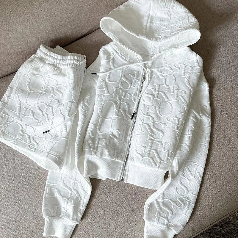 UNIKCOSA Women’s Hooded Jacket & Shorts Set – Knitted Jacquard 2-Piece Skinny Outfit (Spring/Fall 2025 Designer Edition)