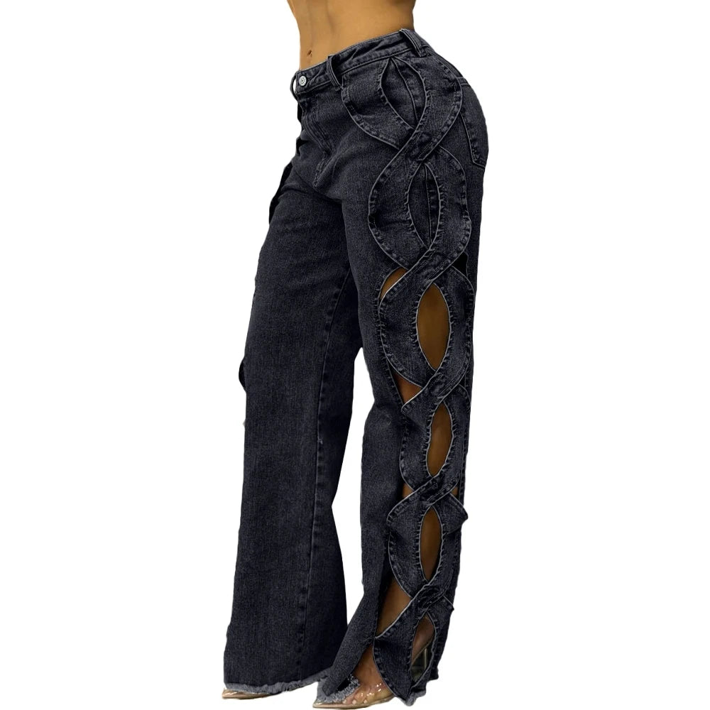 Women's Side Hollow S Line Denim Patchwork Pants