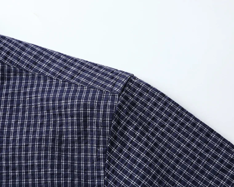 Men's Business Dress Shirt with Stand-Up Collar Plaid Short Sleeve Summer Style