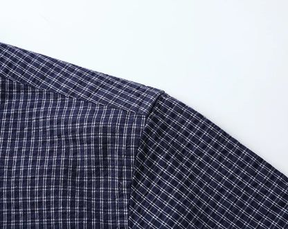 Men's Business Dress Shirt with Stand-Up Collar Plaid Short Sleeve Summer Style