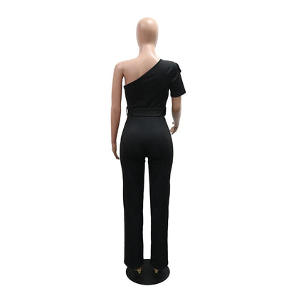 Elegant Rhinestone Slash Neck Short Sleeve Women’s Jumpsuit with Belt