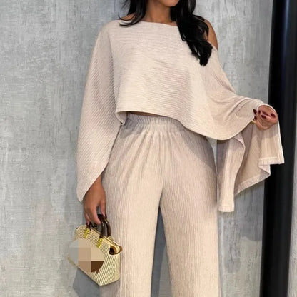 Women's Asymmetrical Shoulder Top with Long Pants Casual 2-Piece Set