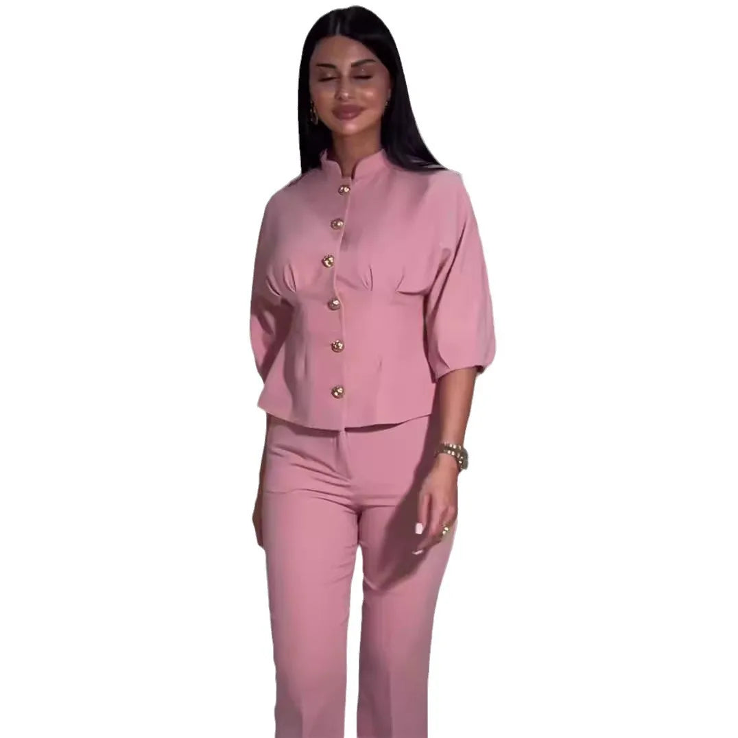 UNIKCOSA Women’s Autumn Set – 2025 Stand Collar Long-Sleeve Shirt & Elegant Pants Two-Piece (Boutique Edition)