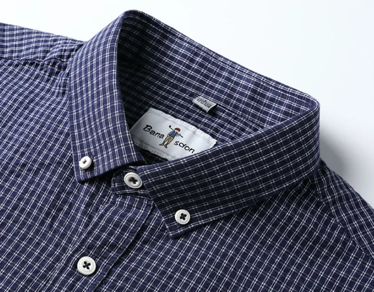 Men's Business Dress Shirt with Stand-Up Collar Plaid Short Sleeve Summer Style