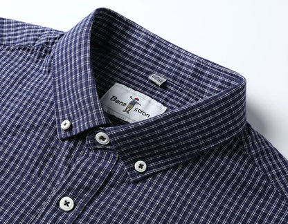 Men's Business Dress Shirt with Stand-Up Collar Plaid Short Sleeve Summer Style