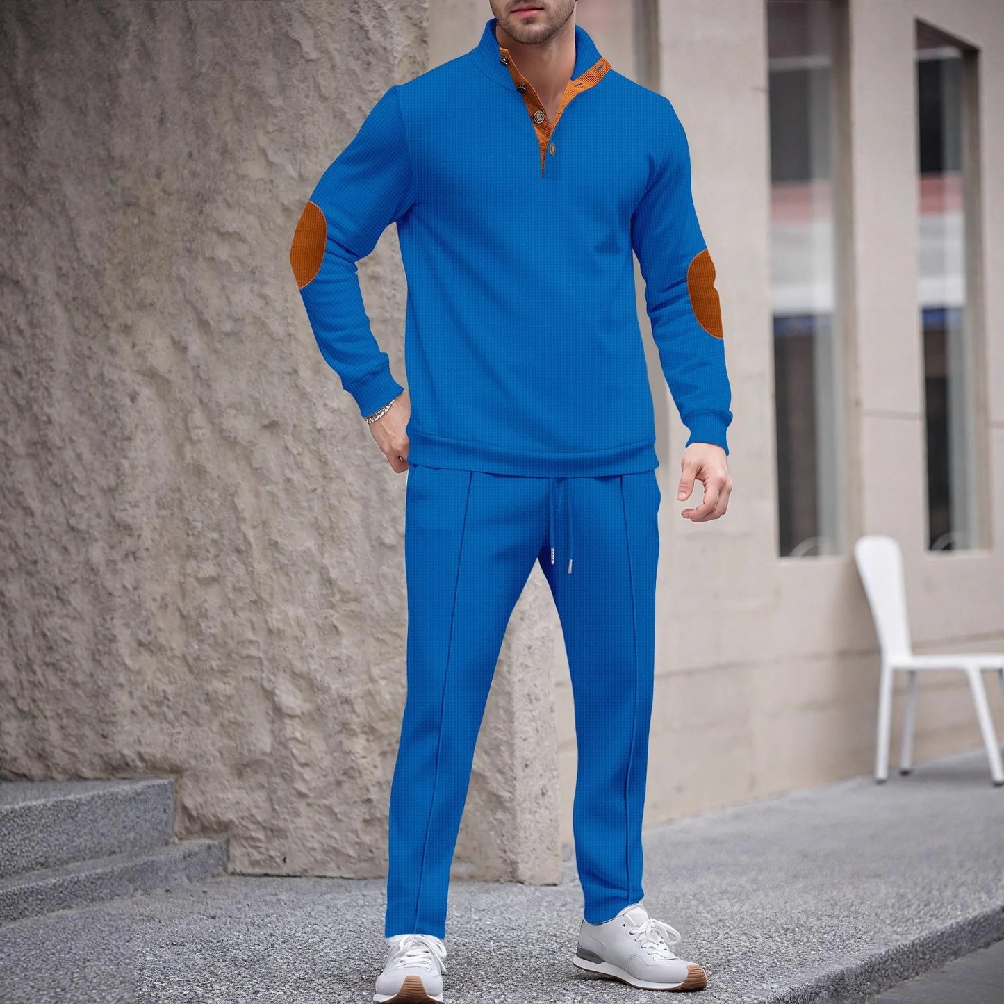 UNIKCOSA Men’s Knit Sweater Set – Quarter-Button Pullover with Contrast Elbow Patches & Elastic Waist Pants (2-Piece Tracksuit 2025 Edition)