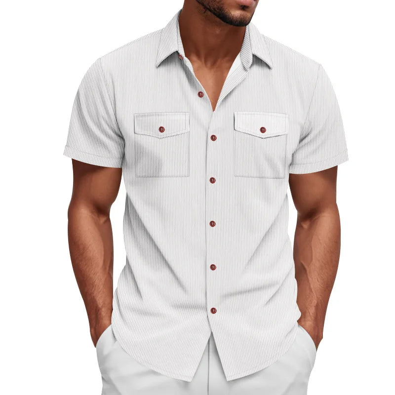 Men's Casual Corduroy Short Sleeve Cargo Shirt Loose Fit