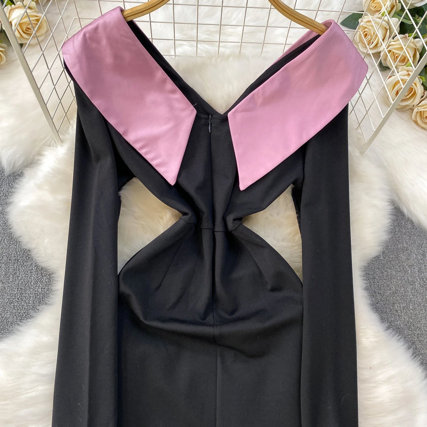 UNIKCOSA Women’s Retro Satin Dress – 2025 Autumn V-Neck Long-Sleeve Slim-Fit Elegant Dress
