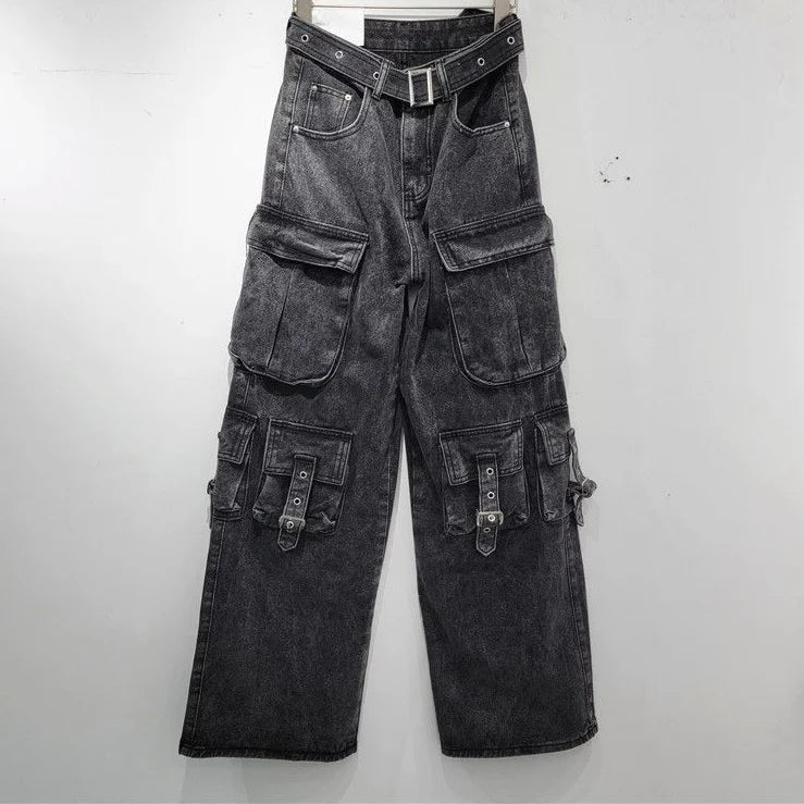 Multi-Pocket Black Women's Workwear High-Waisted Loose Denim Jeans