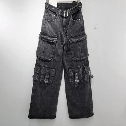 Multi-Pocket Black Women's Workwear High-Waisted Loose Denim Jeans
