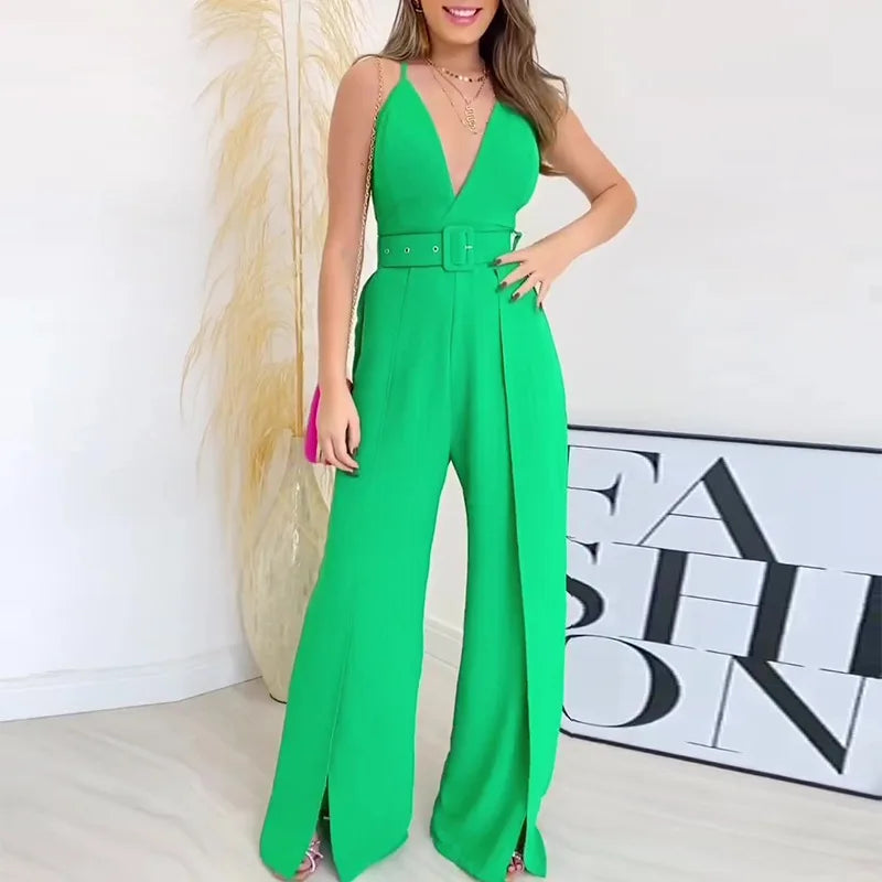 UNIKCOSA Elegant Wide-Leg Jumpsuit — Suspender V-Neck + High-Waist Slit Pants