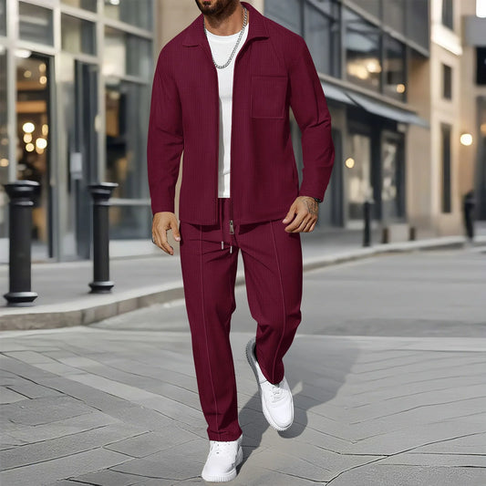 UNIKCOSA Men’s Autumn Outerwear Set – Long-Style Full-Zip Jacket & Pants Two-Piece Suit (220 GSM Polyester Edition)
