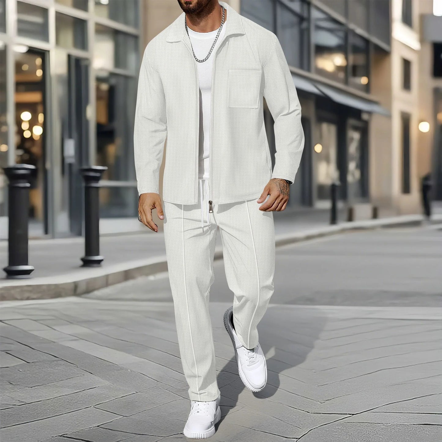 UNIKCOSA Men’s Autumn Outerwear Set – Long-Style Full-Zip Jacket & Pants Two-Piece Suit (220 GSM Polyester Edition)