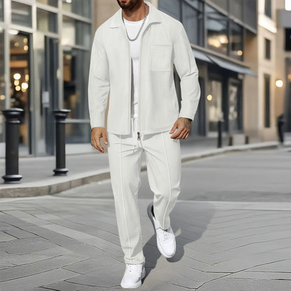 UNIKCOSA Men’s Autumn Outerwear Set – Long-Style Full-Zip Jacket & Pants Two-Piece Suit (220 GSM Polyester Edition)