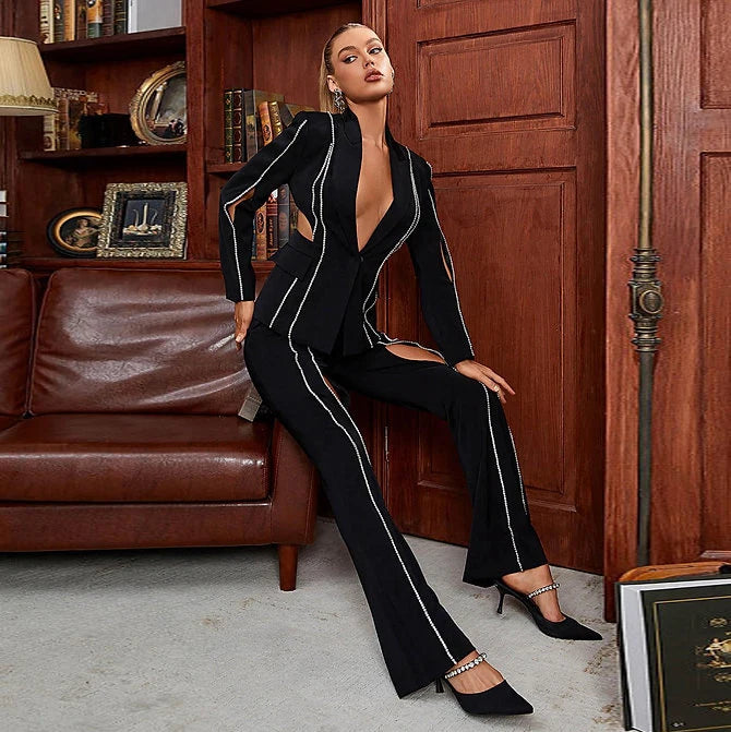 UNIKCOSA Women’s Diamond Bandage Suit – Luxury Jacket & Pants Two-Piece Set (Fall/Winter High Fashion 2025 Edition)