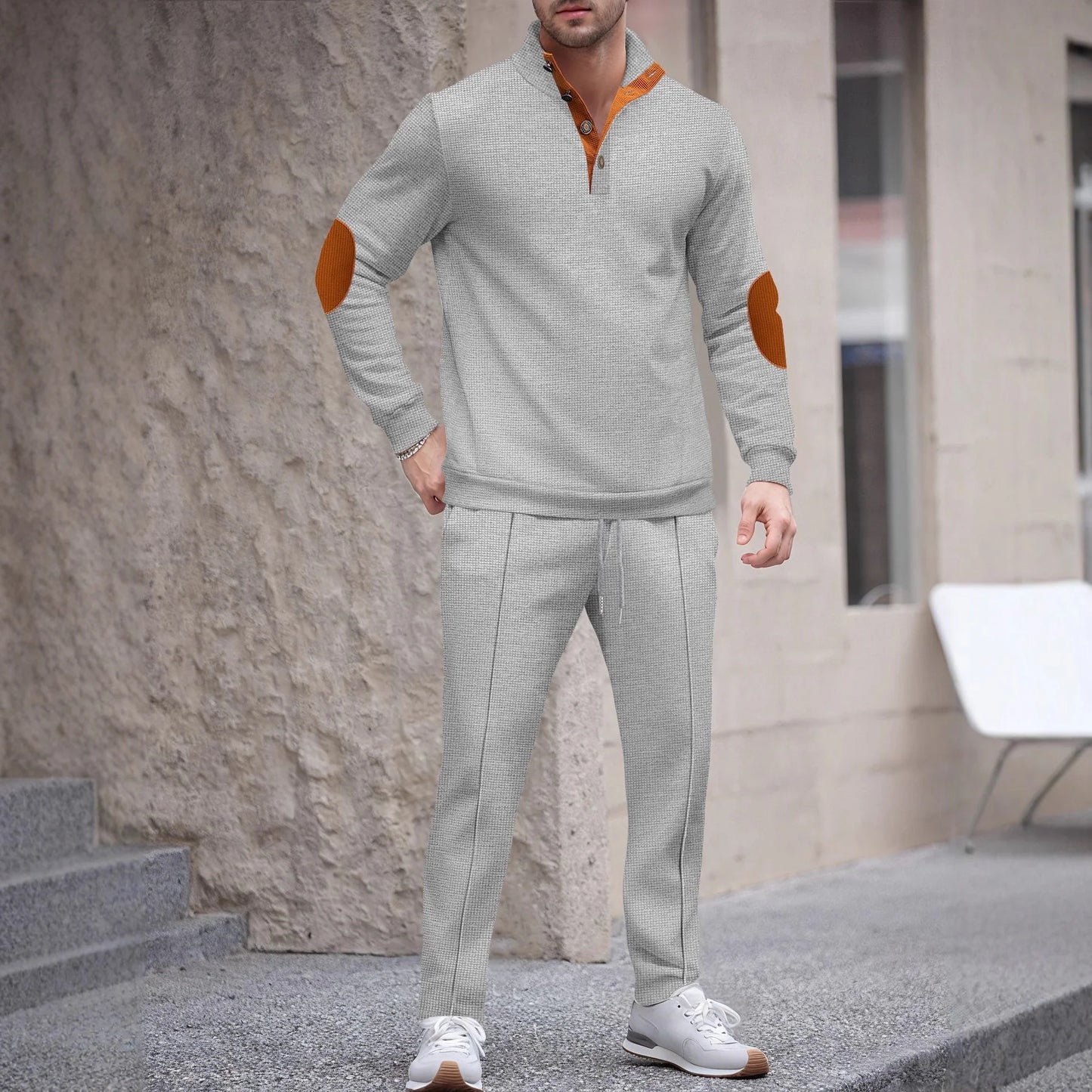UNIKCOSA Men’s Knit Sweater Set – Quarter-Button Pullover with Contrast Elbow Patches & Elastic Waist Pants (2-Piece Tracksuit 2025 Edition)