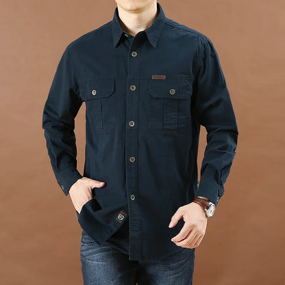 UNIKCOSA Men’s Casual Work Shirt – Loose-Fit Long Sleeve Solid Color Pocket Shirt (Autumn Large-Size Edition)
