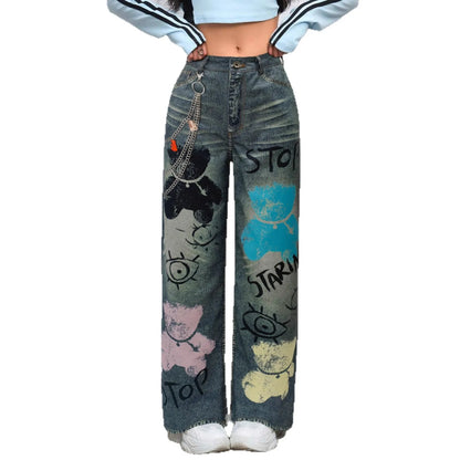 Trendy Graffiti Printed Straight-Leg Jeans – Breathable Denim for All Seasons