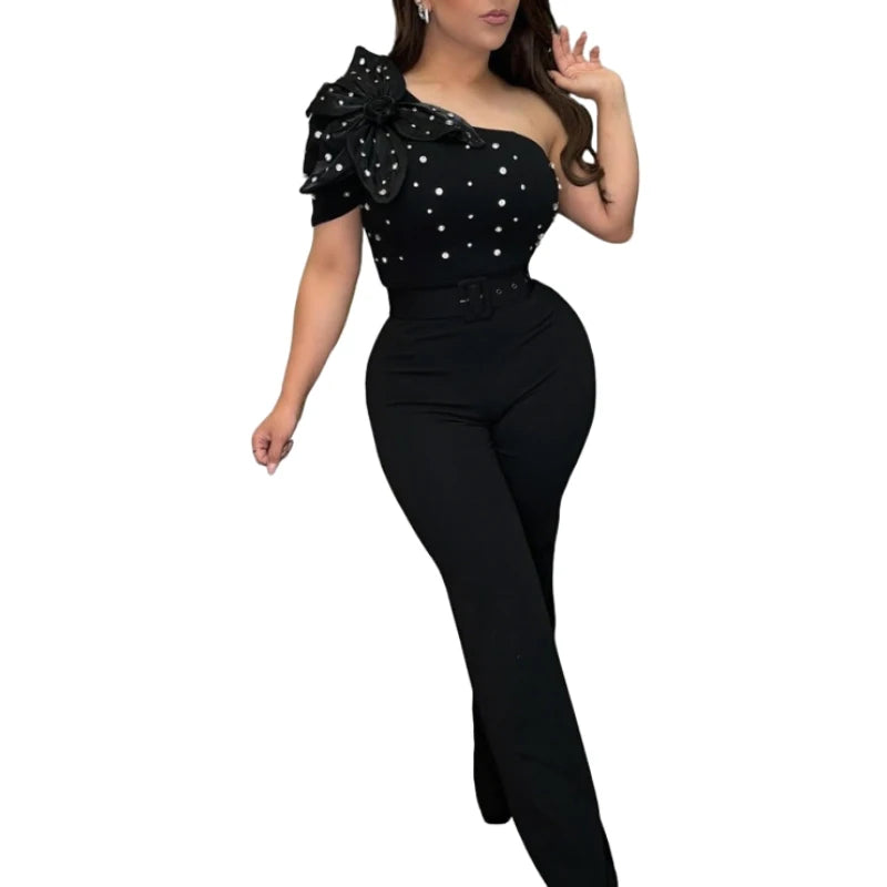 Elegant Rhinestone Slash Neck Short Sleeve Women’s Jumpsuit with Belt