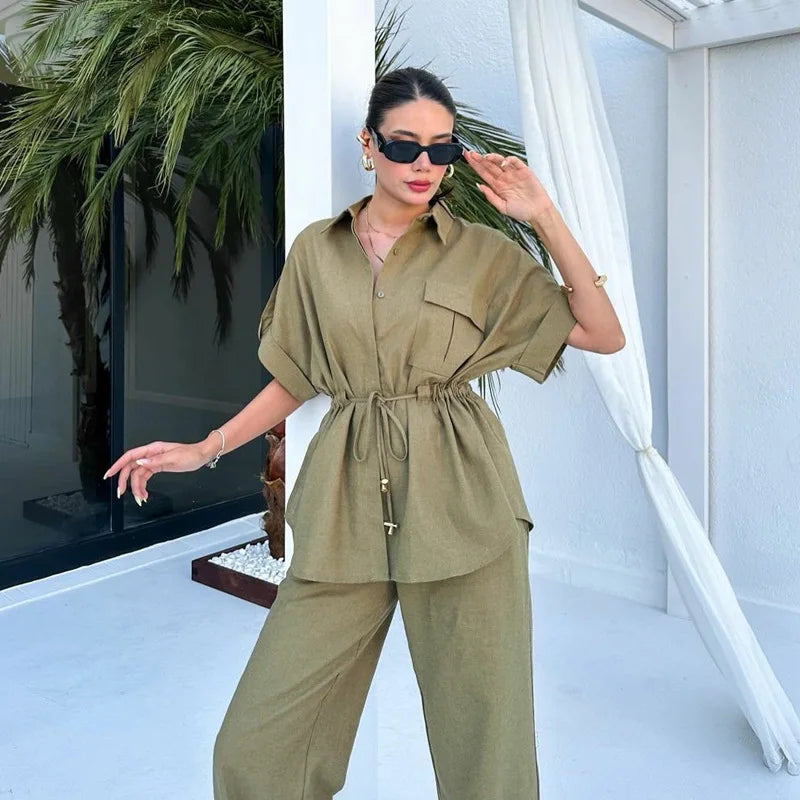 UNIKCOSA Women’s Summer Lounge Set – Casual Shirt & Pants Two-Piece Outfit (2025 Leisure Edition)