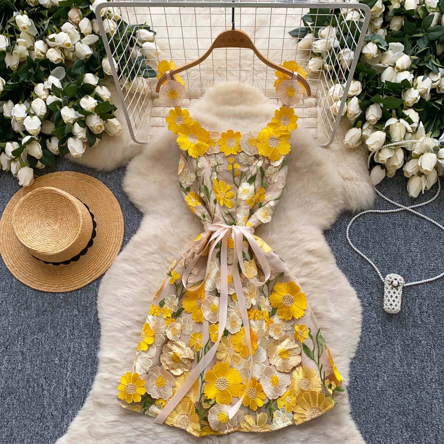 UNIKCOSA Women’s French Embroidered Halter Dress – High-End Elegant Summer Mini (Chic Edition)
