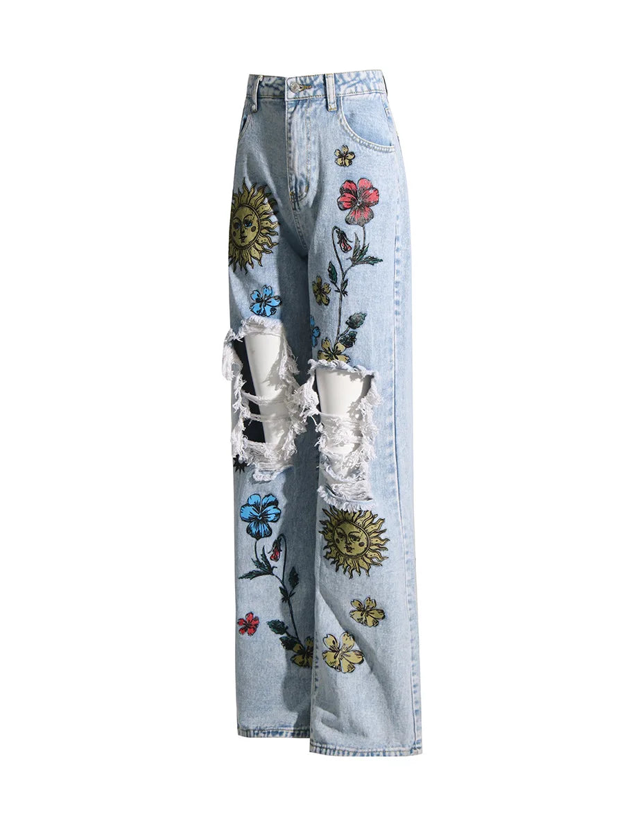 UNIKCOSA Women’s Vintage Washed Jeans – High-Waist Straight Denim with Hollow-Out Sun & Flower Print Design