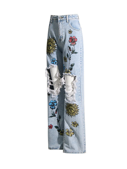 UNIKCOSA Women’s Vintage Washed Jeans – High-Waist Straight Denim with Hollow-Out Sun & Flower Print Design